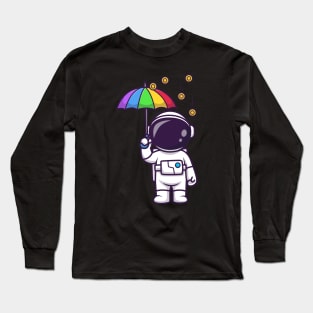 Cute Astronaut With Umbrella In Gold Coin Rain Cartoon Long Sleeve T-Shirt